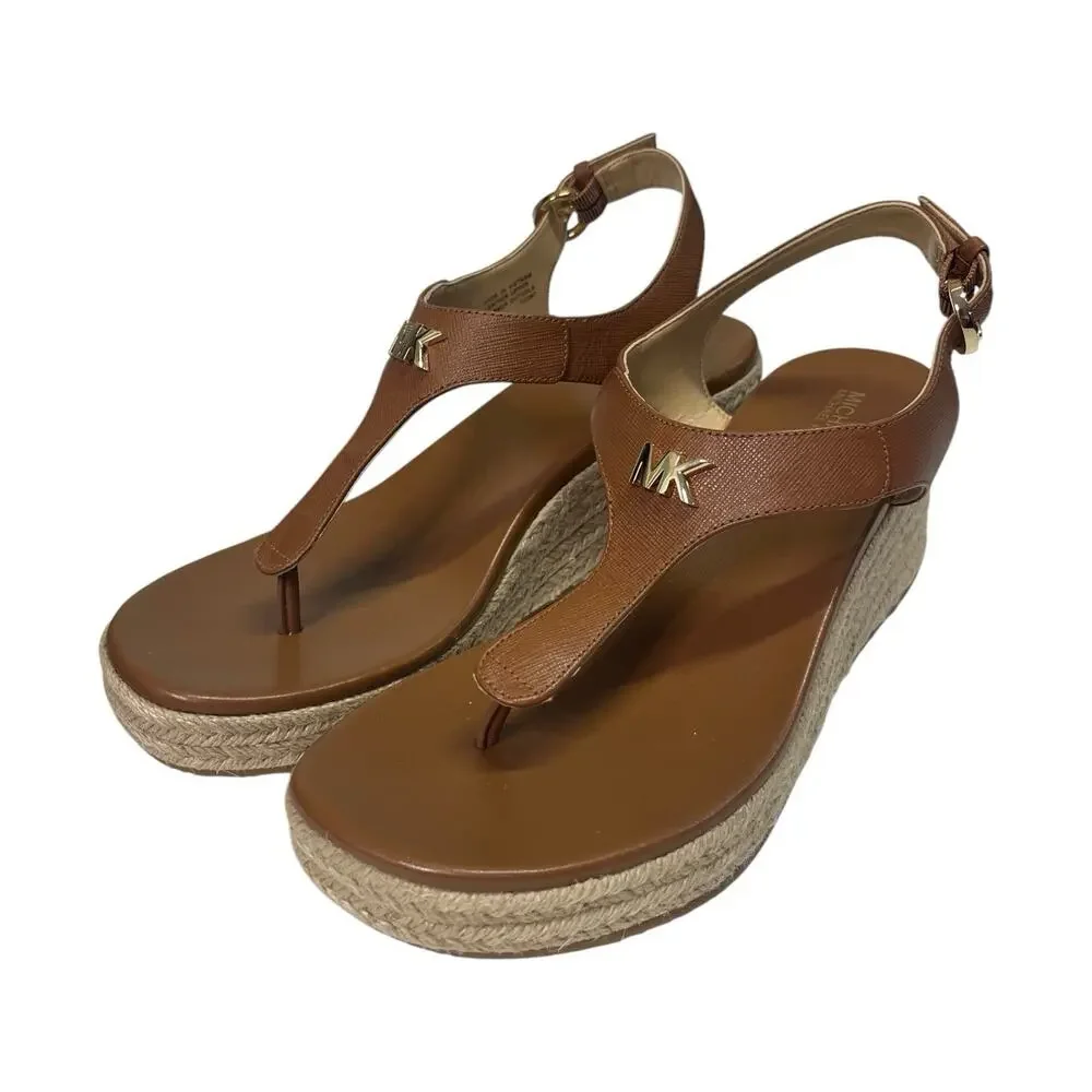 New Michael Kors Sandals Womens 7.5 Brown Leather T Strap Wedge Espadrille Beach